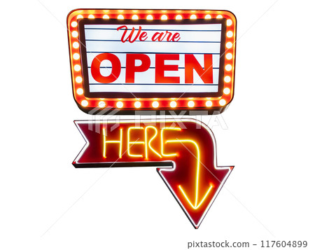 Open Here Neon light signage Retro style Open Here Neon light signage Retro style 117604899