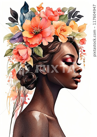 The watercolor silhouette of dark-skinned woman with bright summer tropical flowers in her hair is summer portrait. Freedom, femininity, wedding, makeup, stylist, Barber, bride. AI generated 117604947