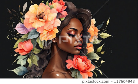 The watercolor silhouette of dark-skinned woman with bright summer tropical flowers in her hair is summer portrait. Freedom, femininity, wedding, makeup, stylist, Barber, bride. AI generated 117604948