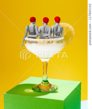 Poster. Contemporary art collage. Rear view of women, friends in glass of cocktail as in pool having rest. 117605142