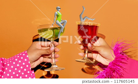 Poster. Contemporary art collage. Female hands holding cocktails where swimmers having fun, celebrating victory. 117605145