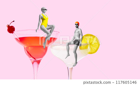 Poster. Contemporary art collage. Swimmers, man and woman, sitting on edge of sweet and sour cocktails against pink background. Poster. Contemporary art collage. Swimmers, man and woman, sitting on edge of sweet and sour cocktails against pink background. 117605146