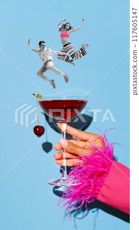 Poster. Contemporary art collage. Stylish dancers jumping to Drunk Cherry cocktail held by hand in festive dress against blue background. Poster. Contemporary art collage. Stylish dancers jumping to Drunk Cherry cocktail held by hand in festive dress against blue background. 117605147