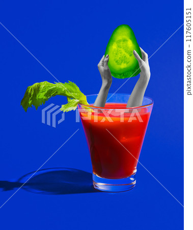 Poster. Contemporary art collage. Black and white hands emerge from vibrant red Bloody Mary cocktail, holding up fresh cucumber slice. 117605151