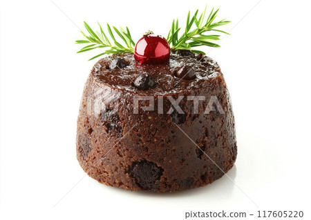 Traditional British Christmas pudding with christmas decoration isolated on white background. Ai generative 117605220
