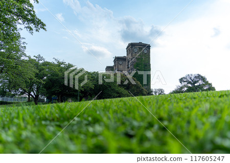 The former Negishi Racecourse first-class viewing stand in Negishi Forest Park, Yokohama - an old building covered in ivy The former Negishi Racecourse first-class viewing stand in Negishi Forest Park, Yokohama - an old building covered in ivy 117605247
