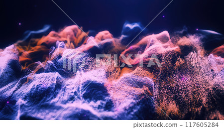Abstract moving futuristic landscape of particles and dots of energy magic with glow and blur effect, abstract background 117605284