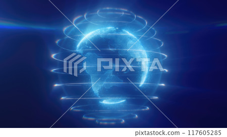 A digital representation of blue Earth with glowing lines encircling the planet, highlighting global connectivity and technology A digital representation of blue Earth with glowing lines encircling the planet, highlighting global connectivity and technology 117605285