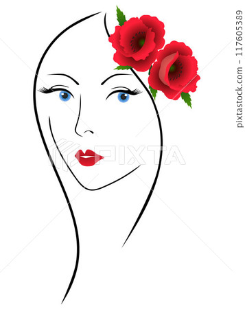 Face of a girl with poppy flowers in her hair. Face of a girl with poppy flowers in her hair. 117605389