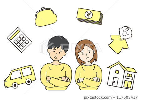 Line drawing illustration of a couple worried about their life plans 117605417