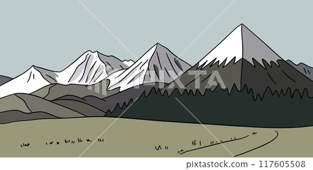 Flat graphic vector sketch of abstract mountain landscape with green foothills and sharp triangular snowy mount peaks on background. Simple hand drawn illustration for climbing or hiking tourism. Flat graphic vector sketch of abstract mountain landscape with green foothills and sharp triangular snowy mount peaks on background. Simple hand drawn illustration for climbing or hiking tourism. 117605508