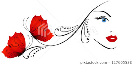 Abstract portrait of a girl with red butterflies in her hair on a white background. 117605588