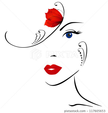 Portrait of a girl in a small hat with a butterfly. Portrait of a girl in a small hat with a butterfly. 117605653