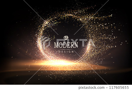 Illustration with round abstract golden frame with tinsel on black background 117605655
