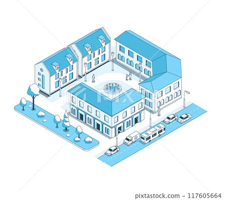 Street with townhouses - vector isometric illustration Street with townhouses - vector isometric illustration 117605664