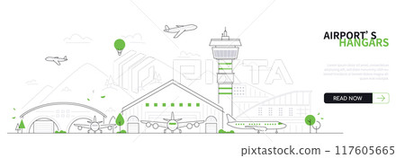 Airport hangars - modern thin line design style vector banner 117605665