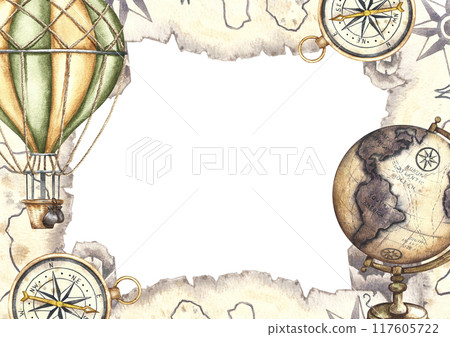 Vintage balloon travel frame. A balloon with a basket and an ancient map of treasure island, a globe and a compass. A hand-drawn watercolor illustration. For banner, flyer,poster and postcards. Vintage balloon travel frame. A balloon with a basket and an ancient map of treasure island, a globe and a compass. A hand-drawn watercolor illustration. For banner, flyer,poster and postcards. 117605722