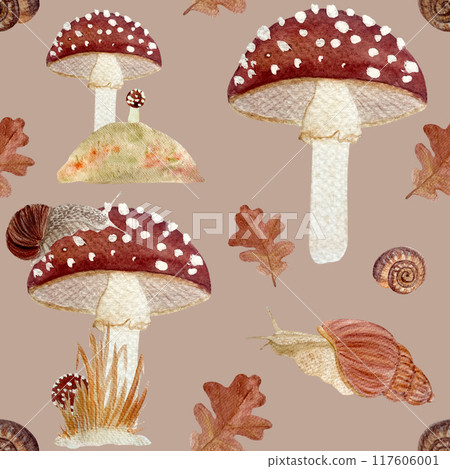 Fly agaric red wild mushroom and a snail textured watercolor seamless pattern on beige background. Stylized autumn forest hand drawn clip art for kids products, cards, packages, wrapping paper Fly agaric red wild mushroom and a snail textured watercolor seamless pattern on beige background. Stylized autumn forest hand drawn clip art for kids products, cards, packages, wrapping paper 117606001