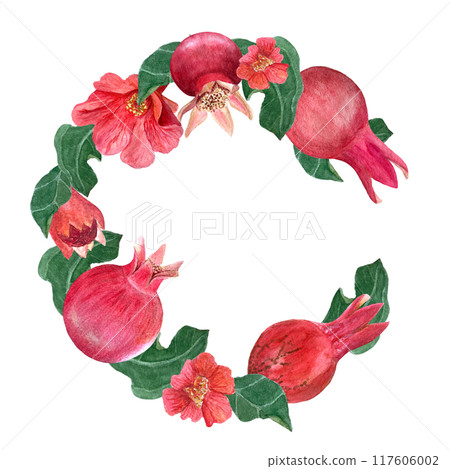 Pomegranate fruits, flowers and green leafs watercolor wreath isolated on white. The hand-painted high quality vibrant art is ideal for botanical prints, cards, floral tea packages, posters and 117606002
