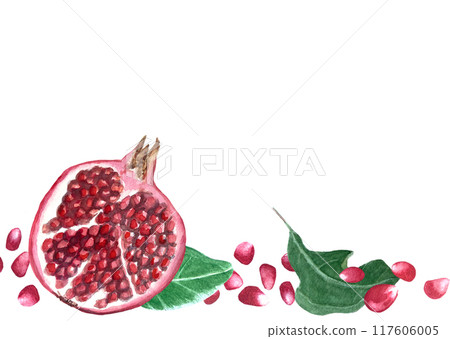 Red pomegranate with seeds and green leafs detailed watercolor bordur isolated on white. Hand drawn realistic banner for fall harvest cards, culinary designs, home decor, prints. Autumn plant clip art 117606005