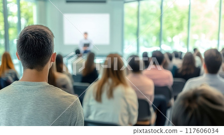 Audience attentively listening to speaker in modern conference room 117606034