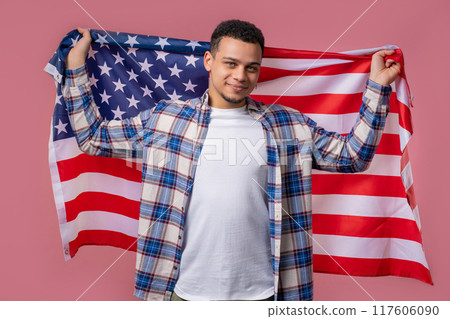 Happy Young Man With National Usa Flag On Pink Background. American Patriot 117606090