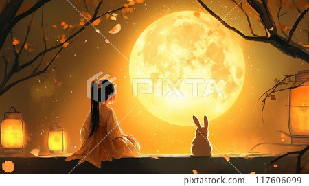 Cute little girl wearing Chinese style cloth, admiring the moon with rabbit. Cute little girl wearing Chinese style cloth, admiring the moon with rabbit. 117606099