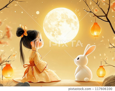 Cute little girl wearing Chinese style cloth, admiring the moon with rabbit. Cute little girl wearing Chinese style cloth, admiring the moon with rabbit. 117606100