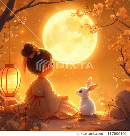 Cute little girl wearing Chinese style cloth, admiring the moon with rabbit. Cute little girl wearing Chinese style cloth, admiring the moon with rabbit. 117606101