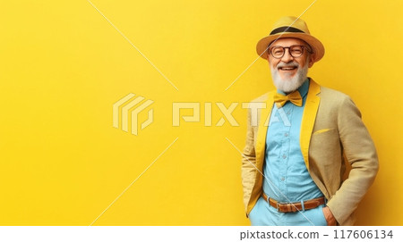 Stylish elderly man with hat and bow tie against yellow background 117606134
