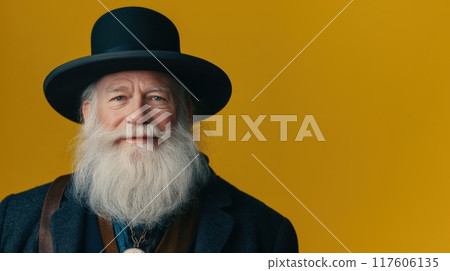 Elderly man with long white beard wearing a hat on yellow background 117606135