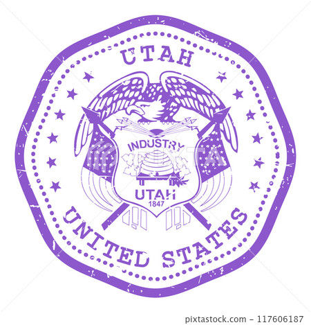 Utah state stamp with seal, USA travel stamp, shabby postmark of Utah, vector Utah state stamp with seal, USA travel stamp, shabby postmark of Utah, vector 117606187