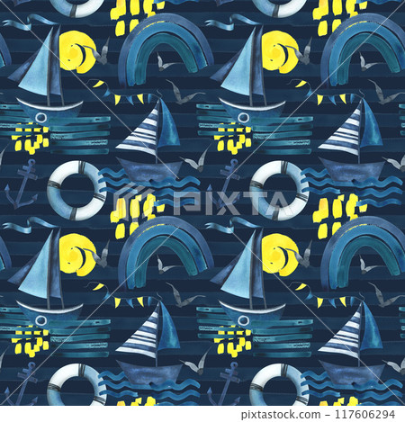 Sailing blue boats with a ribbon floating on the water with a yellow sun and rainbow. Watercolor illustration hand drawn in a simple abstract childish style. Seamless pattern on a blue background. Sailing blue boats with a ribbon floating on the water with a yellow sun and rainbow. Watercolor illustration hand drawn in a simple abstract childish style. Seamless pattern on a blue background. 117606294
