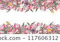 Seamless border pink peony flower, butterfly isolated white background. Watercolor hand drawn illustration. Art design 117606312