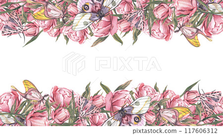Seamless border pink peony flower, butterfly isolated white background. Watercolor hand drawn illustration. Art design Seamless border pink peony flower, butterfly isolated white background. Watercolor hand drawn illustration. Art design 117606312