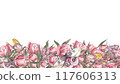 Seamless border pink peony flower, butterfly isolated white background. Watercolor hand drawn illustration. Art design 117606313
