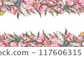 Seamless border peony flower, cicada, butterfly isolated white background. Watercolor hand draw illustration. Art design 117606315