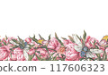 Seamless border peony flower, cicada, butterfly isolated white background. Watercolor hand draw illustration. Art design 117606323