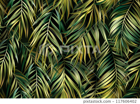 Gold Green Tropical Foliage Seamless Pattern Background. Vector Illustration 117606402