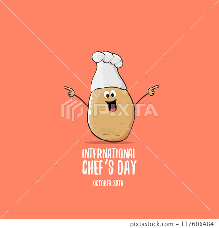 International chef day vector greeting card. vector funny cartoon tiny brown smiling chef potato with hat isolated on peach color background. Potato character 117606484