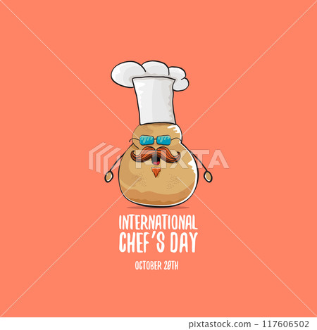 International chef day vector greeting card. vector funny cartoon tiny brown smiling chef potato with hat isolated on peach color background. Potato character 117606502