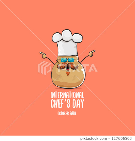 International chef day vector greeting card. vector funny cartoon tiny brown smiling chef potato with hat isolated on peach color background. Potato character 117606503