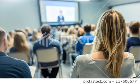 Audience attending a seminar in a modern conference room setting 117606677