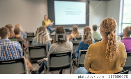 People attending an educational presentation in a modern classroom setting 117606678