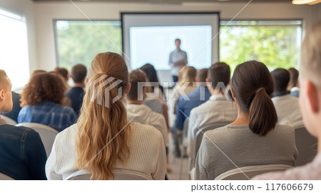 Audience attentively listening during a conference in a bright meeting room 117606679