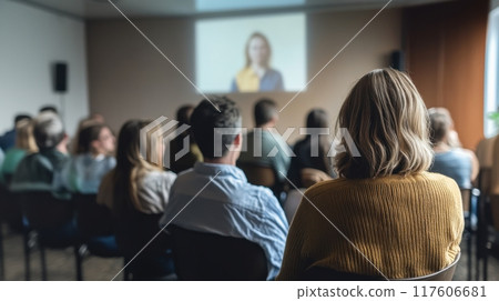 Group of people attending a presentation in a conference room setting 117606681
