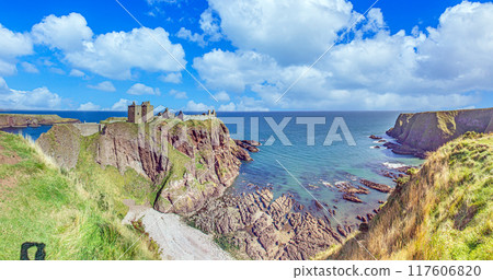 Panoramic picture of Dunnottar Castle near Aberdeen in Scotland in summer Panoramic picture of Dunnottar Castle near Aberdeen in Scotland in summer 117606820