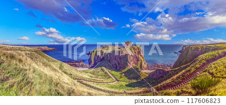 Panoramic picture of Dunnottar Castle near Aberdeen in Scotland in summer Panoramic picture of Dunnottar Castle near Aberdeen in Scotland in summer 117606823