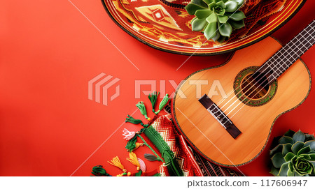 Hispanic Heritage month background. A traditional Mexican sombrero hat and a flamenco guitar on vibrant plain red background, top view. AI generated. 117606947