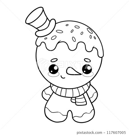 Cute Christmas gingerbread man snowman in hat top and scarf. Outline festive kawaii cartoon character. Line drawing, coloring book. Vector illustration. Kids collection. Cute Christmas gingerbread man snowman in hat top and scarf. Outline festive kawaii cartoon character. Line drawing, coloring book. Vector illustration. Kids collection. 117607005